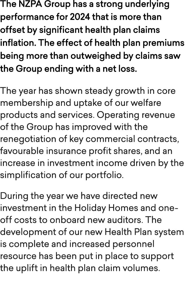 The NZPA Group has a strong underlying performance for 2024 that is more than offset by significant health plan claim...
