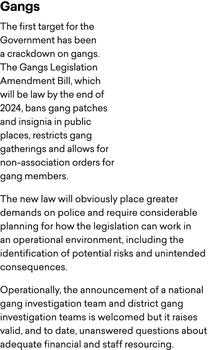 Gangs The first target for the Government has been a crackdown on gangs. The Gangs Legislation Amendment Bill, which ...