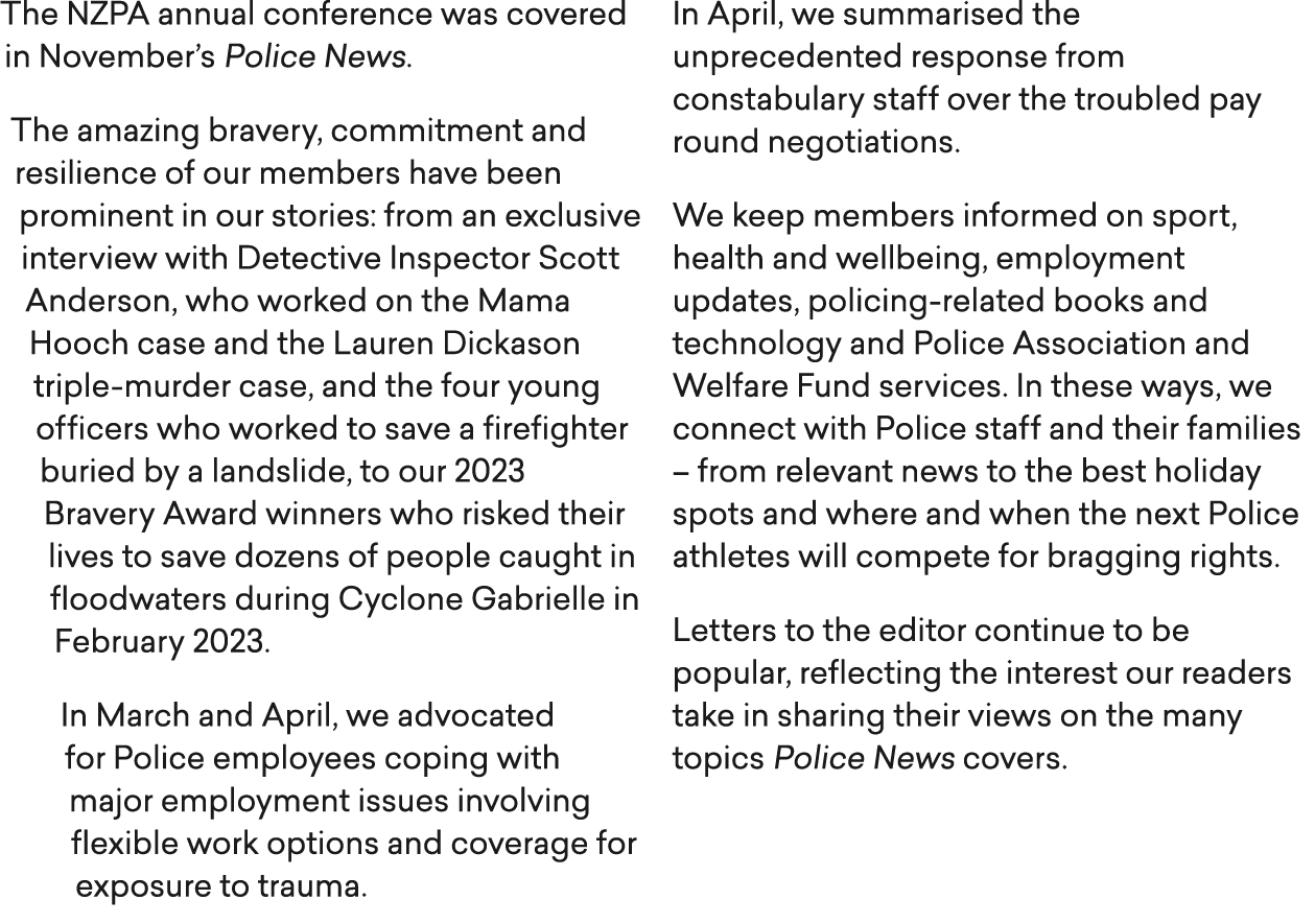 The NZPA annual conference was covered in November’s Police News. The amazing bravery, commitment and resilience of o...