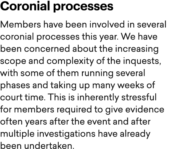 Coronial processes Members have been involved in several coronial processes this year. We have been concerned about t...