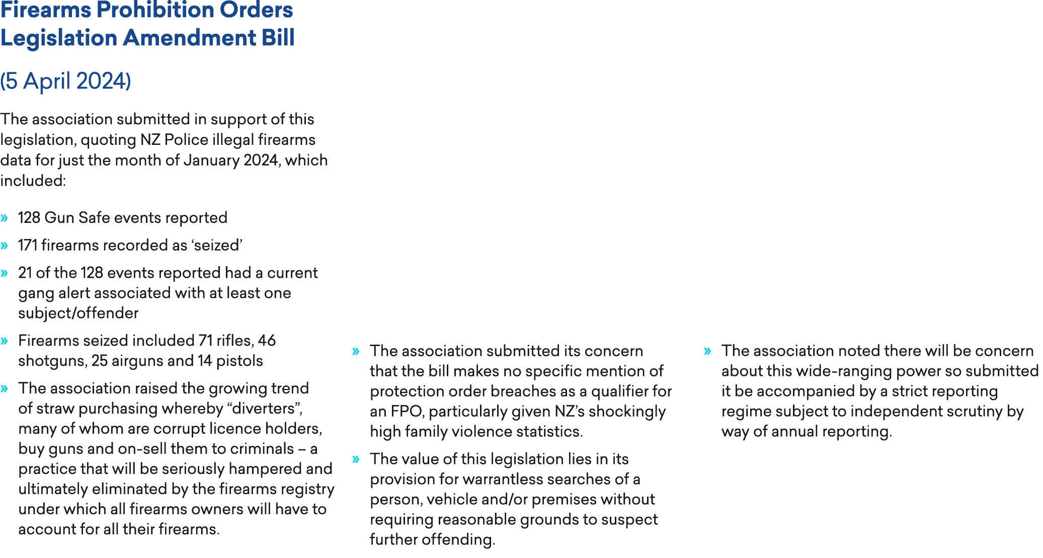 Firearms Prohibition Orders Legislation Amendment Bill (5 April 2024) The association submitted in support of this le...