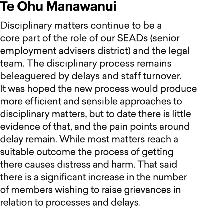 Te Ohu Manawanui Disciplinary matters continue to be a core part of the role of our SEADs (senior employment advisers...