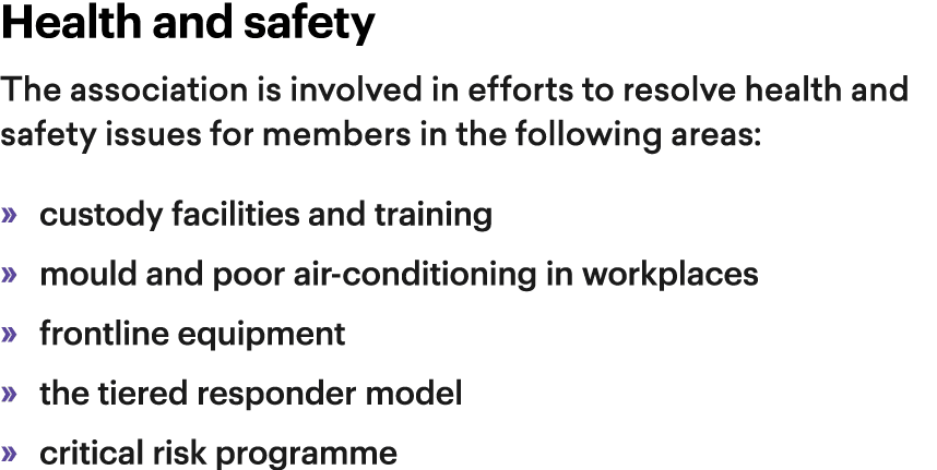 Health and safety The association is involved in efforts to resolve health and safety issues for members in the follo...